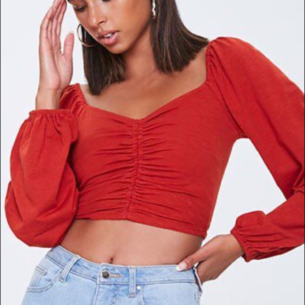 Red Peasant-Sleeve Crop Top